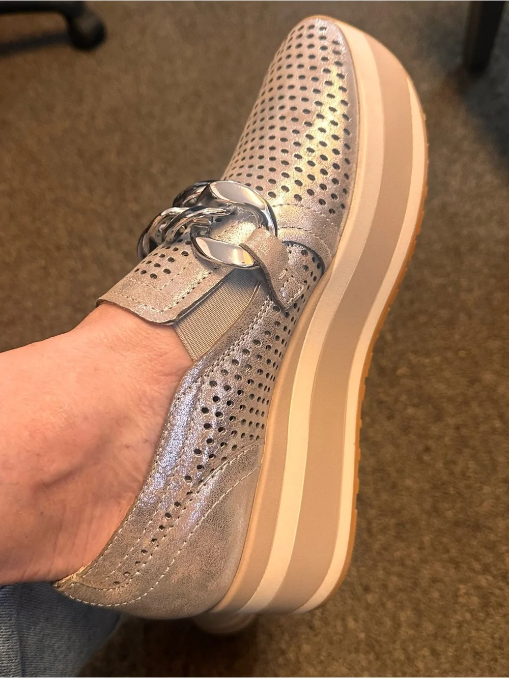 Dolce Vita Metallic Silver Perforated Chain-Trim Wedge Loafers